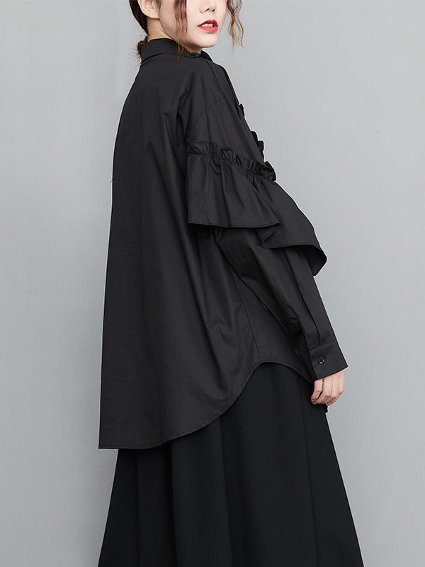 flowersverse Casual Loose Long Sleeves Buttoned Ruffled Solid Color Lapel Collar Blouses&Shirts Tops