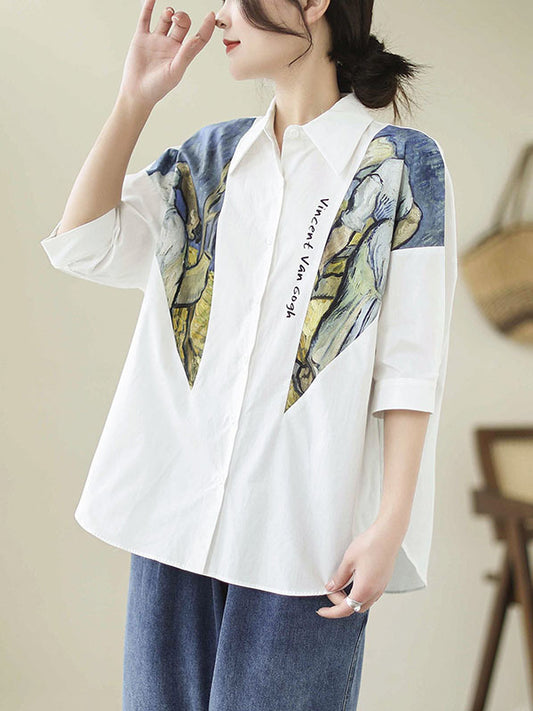 flowersverse Printed Half Sleeves Loose Lapel Blouses&shirts Tops