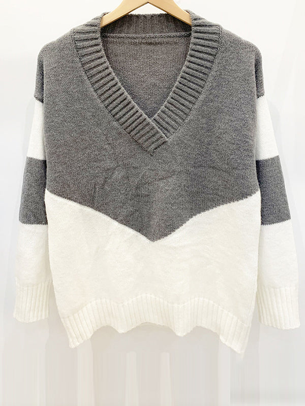 flowersverse Casual Long Sleeves Loose Contrast Color V-Neck Sweater Tops