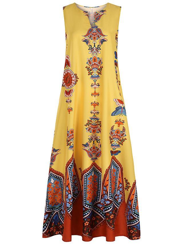 flowersverse Women's A-Line Dress Maxi Long Dress - Sleeveless Pocket Print Spring & Summer V Neck Hot Casual Boho Holiday White Black Blue Yellow Light Blue White Dresses