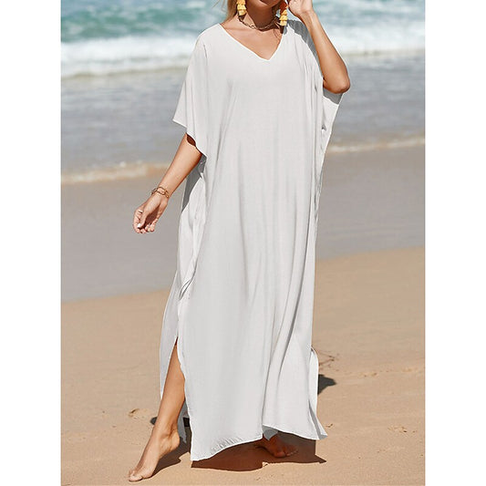 flowersverse Women's Cover Up Beach Dress Beach Wear Long Dress Maxi Dress Split Basic Casual Plain V Neck 3/4 Length Sleeve Loose Fit Outdoor Daily Black White Fall Spring One Size
