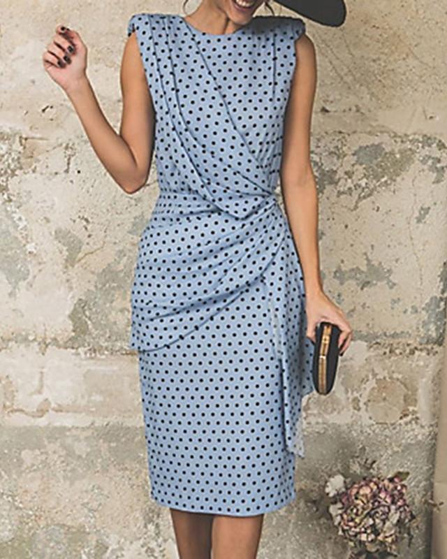 flowersverse Women's Sheath Dress Knee Length Dress - Sleeveless Polka Dot Print Polka Dots Ruched Spring & Summer Plus Size Hot Vintage White Red Light Blue