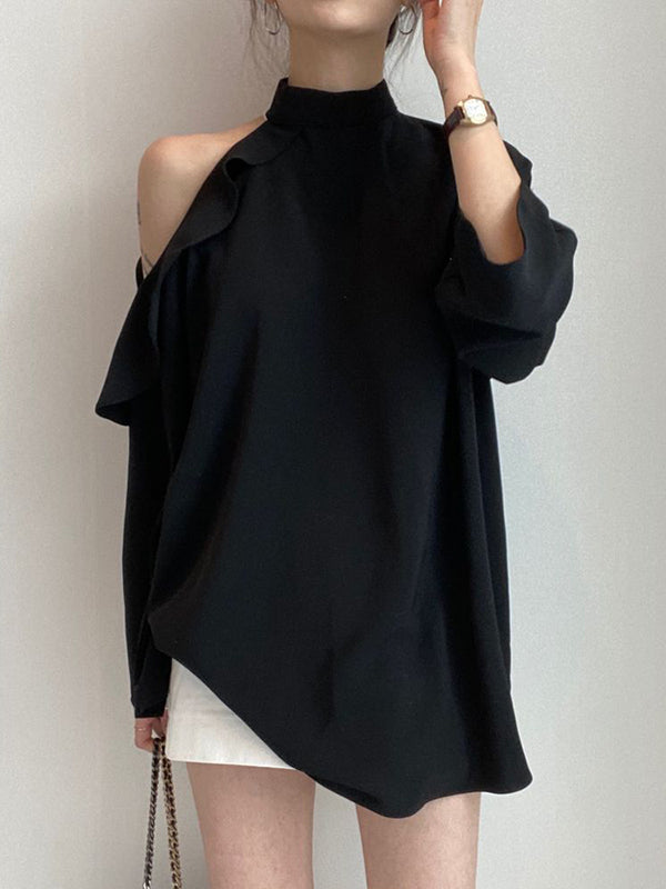 flowersverse Asymmetric Hollow Ruffled Solid Color Tied Waist Long Sleeves Loose Mock Neck Blouses&Shirts Tops