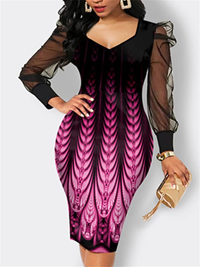 flowersverse Women's Work Dress Sheath Dress Semi Formal Dress Fashion Puff Sleeve Midi Dress Mesh Print V Neck Long Sleeve Graphic Regular Fit Purple Winter Fall S M L XL XXL