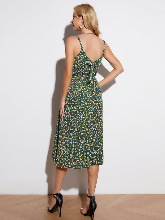 flowersverse Ditsy Floral Tied Spaghetti Strap Dress