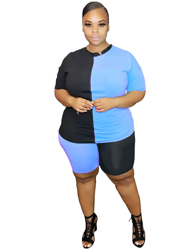 flowersverse Plus Size 2 Piece Color Block T-Shirt+Shorts Sets Tracksuits