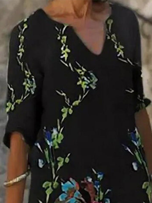 flowersverse Vintage Floral Printed V Neck Half Sleeve Plus Size Casual Weaving Dress