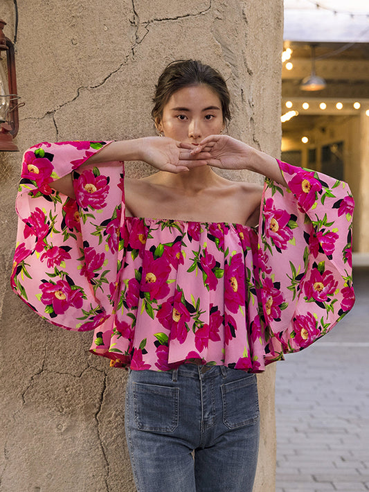 flowersverse Batwing Sleeves Floral Printed One-Shoulder Top