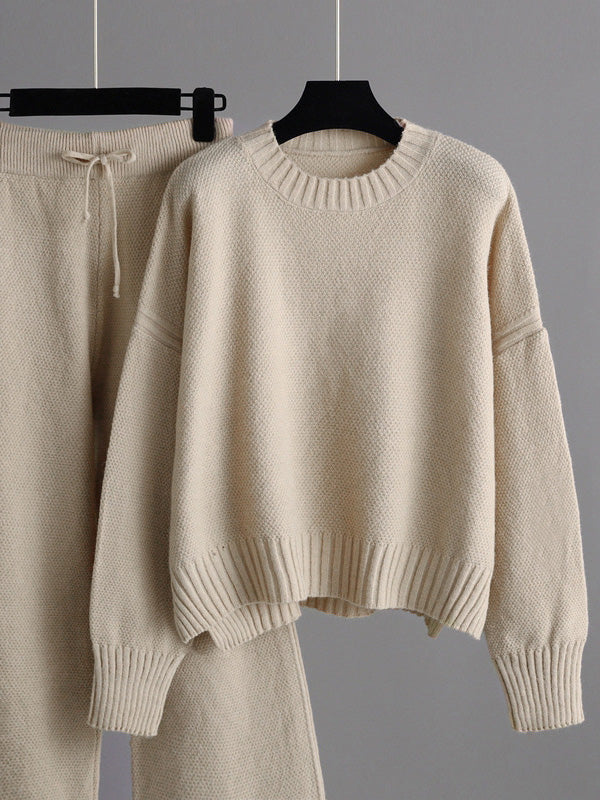 flowersverse Stylish Loose High-Low Long Sleeves Solid Color Round-Neck Sweater Tops& Wide Leg Pants Two Pieces Set
