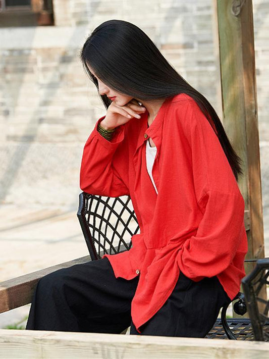 flowersverse Soft Red Ramie Cotton Blouse Outwear