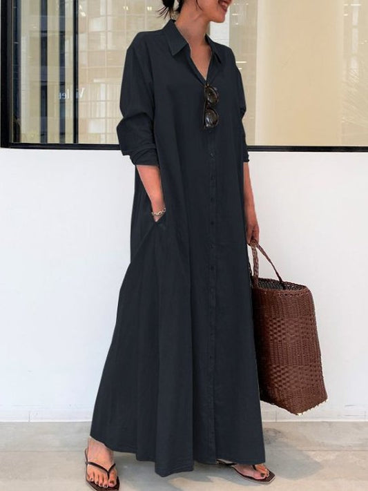 flowersverse Casual and simple plain long-sleeved shirt collar cotton and linen maxi dress