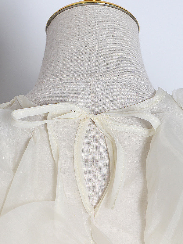 flowersverse Lace-Up Solid Color Tiered Long Sleeves Loose Round-Neck Blouses&Shirts Tops