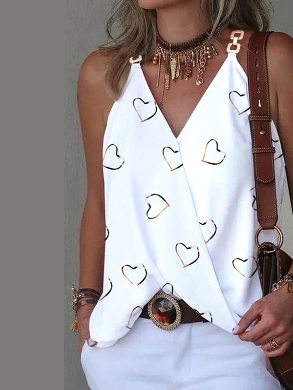 flowersverse Heart Print Split-Joint Sleeveless V-Neck Vest Top