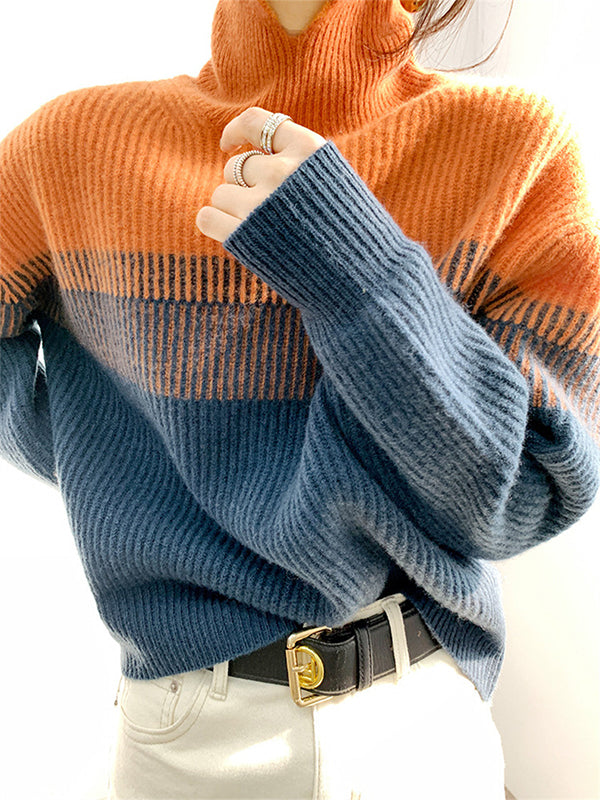 flowersverse Casual Loose Long Sleeves Striped High-Neck Sweater Tops