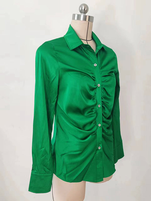 flowersverse Pleated Solid Color Long Sleeves Lapel Blouses&shirts Tops