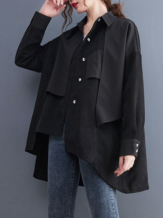 flowersverse Original Irregular Split-Joint Buttoned Lapel Collar Long Sleeves Blouse