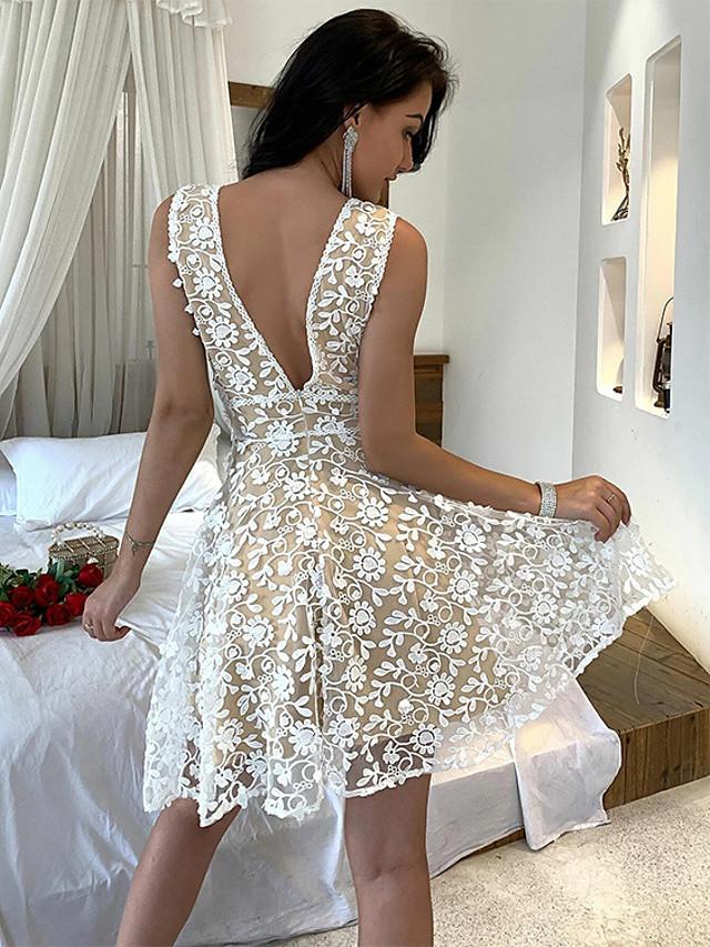 flowersverse Women's A-Line Dress Knee Length Dress Sleeveless Solid Color Lace Patchwork Spring Summer Hot Casual White Dresses