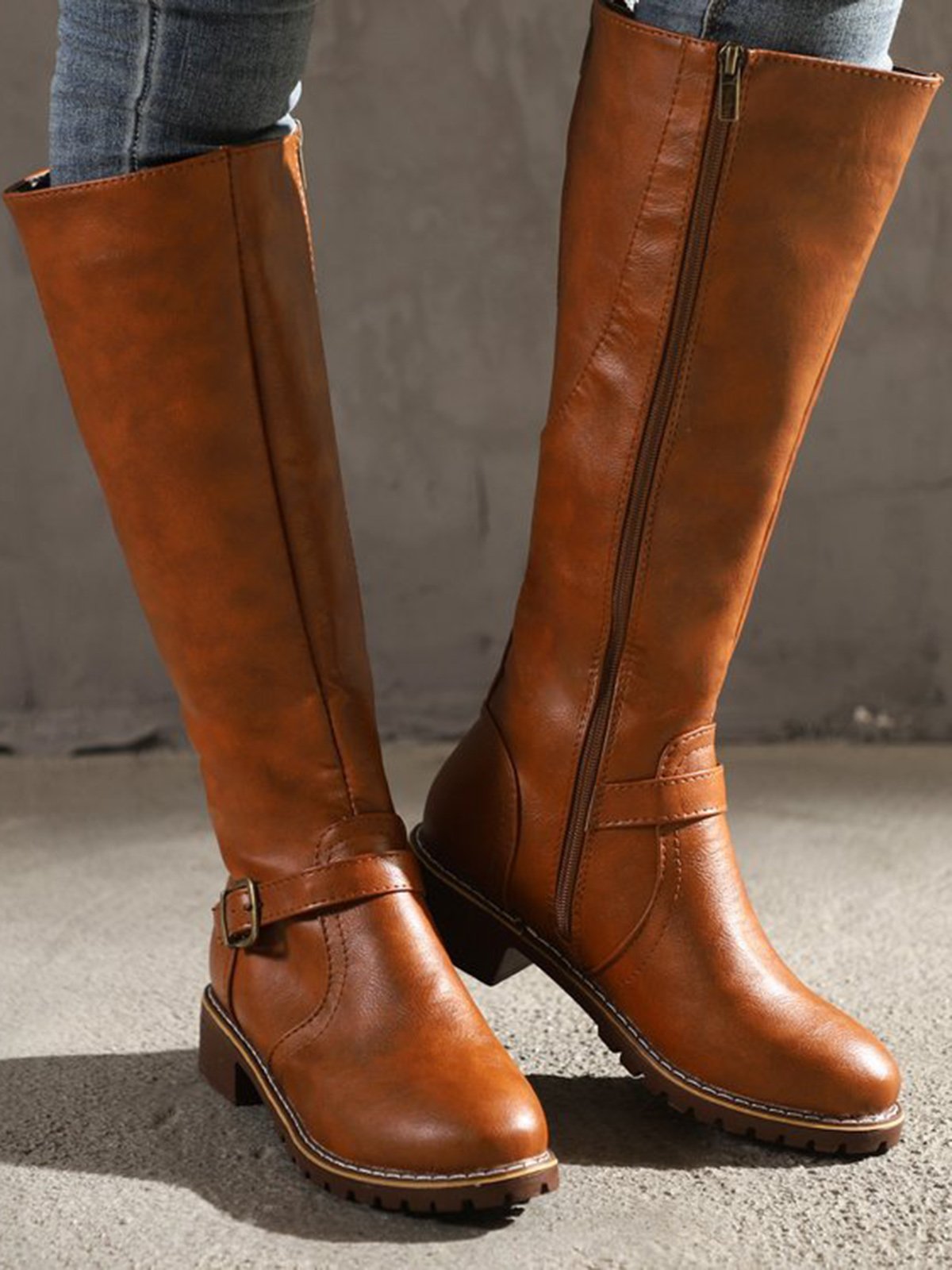 flowersverse Vintage Round Toe Buckle Tall Boots Chunky Heel Riding Boots