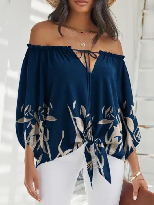 flowersverse Casual Loose Long Sleeves Drawstring Floral Printed Off-The-Shoulder Blouses&Shirts Tops