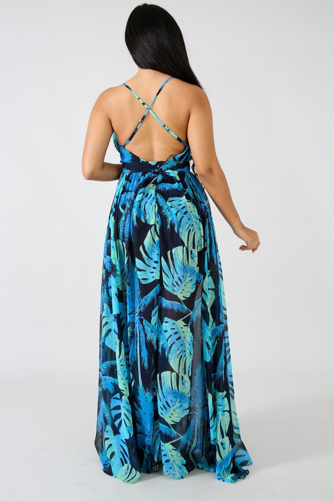 flowersverse Deep V-Neck Back Chiffon Dress