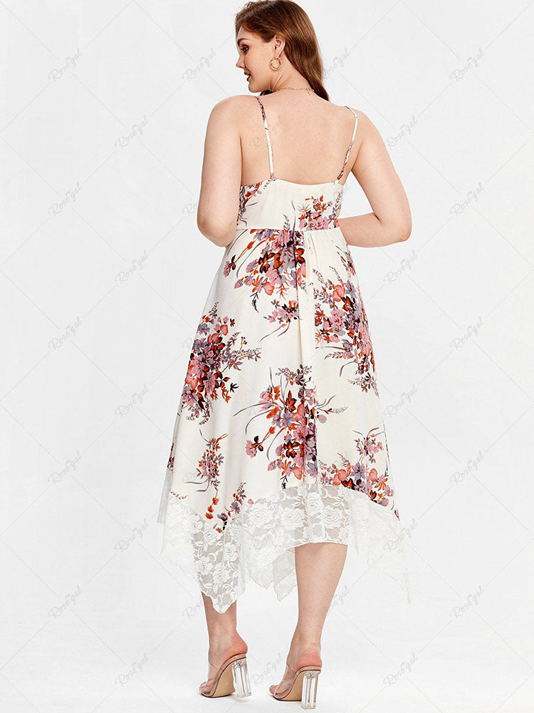 flowersverse Plus Size Lace Panel Floral Print Handkerchief Midi Sundress