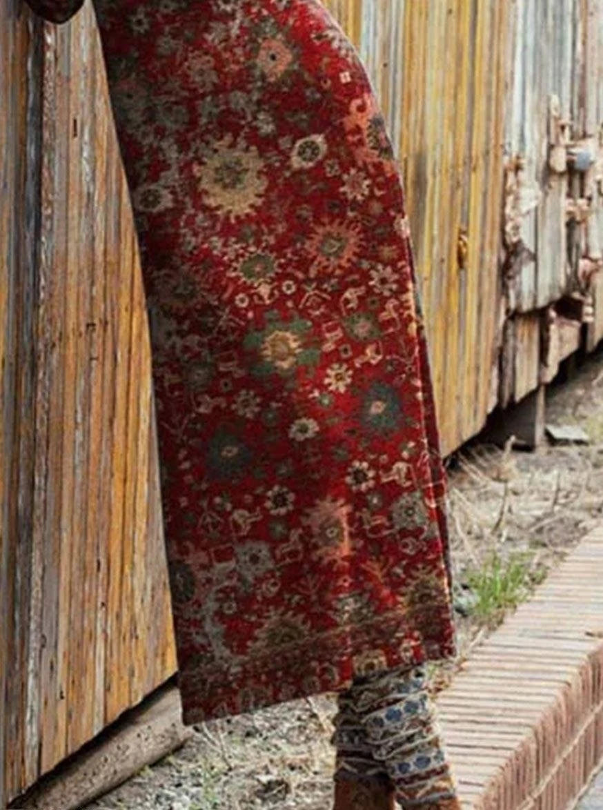 flowersverse Fashion Retro Print Round Neck Long Sleeve Casual Maxi Dress