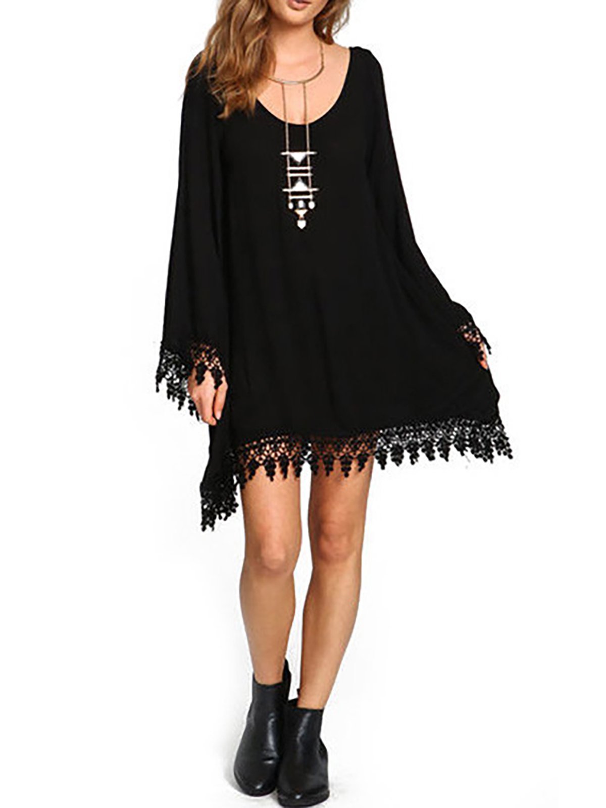 flowersverse Black A-line Casual Paneled Casual Dress