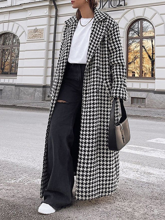 flowersverse Houndstooth Split-back Split-Joint Tied Waist Long Sleeves Loose Lapel Trench Coats