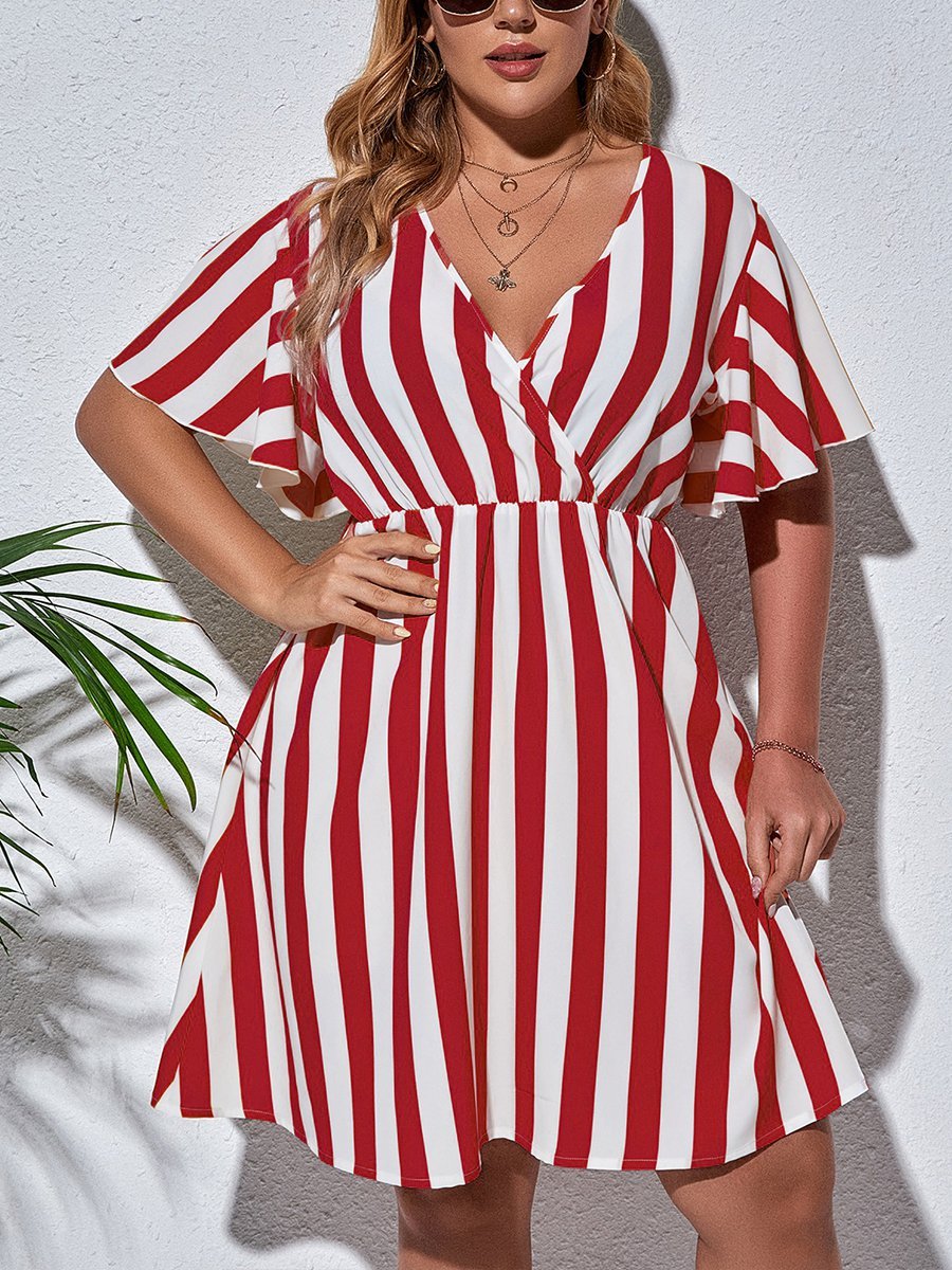 flowersverse Holiday Short Sleeve V Neck A-line Weaving Dress