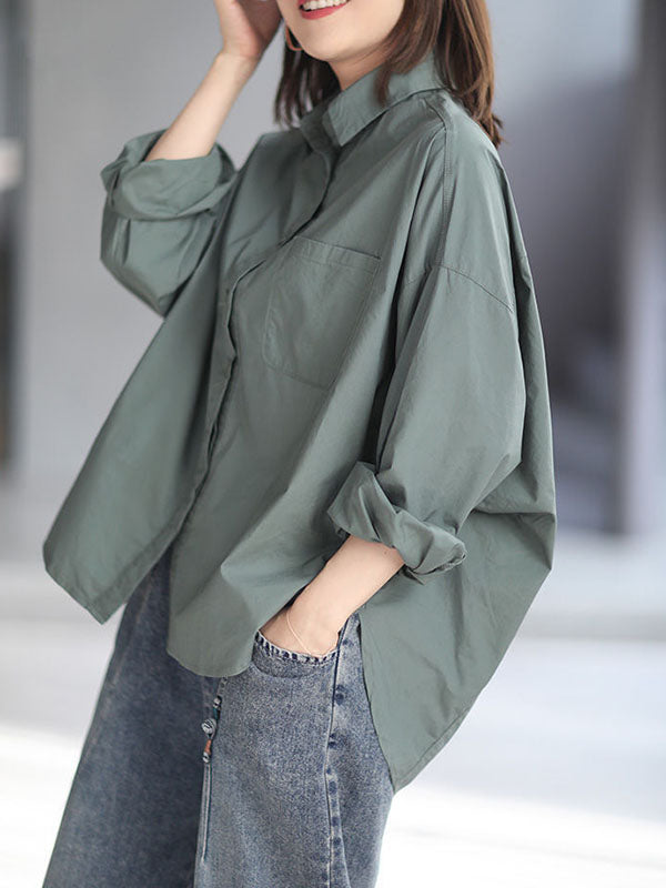 flowersverse Solid Color High-low Long Sleeves Lapel Blouses&shirts Tops