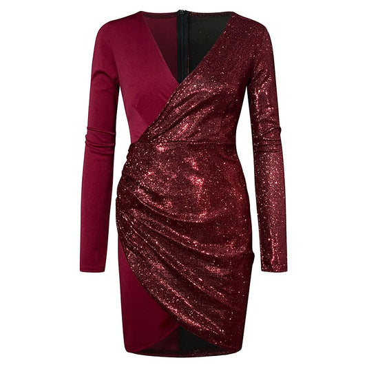 flowersverse Women's Cocktail Party Dress Sequin Dress Bodycon Mini Dress Black Wine Navy Blue Long Sleeve Pure Color Sequins Winter Fall Autumn V Neck Winter Dress Fall Dress Slim S M L XL 2XL