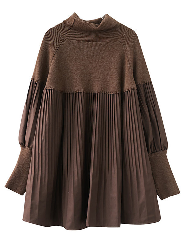 flowersverse Knitting Pleats Split-Joint High-Neck Pullover Top