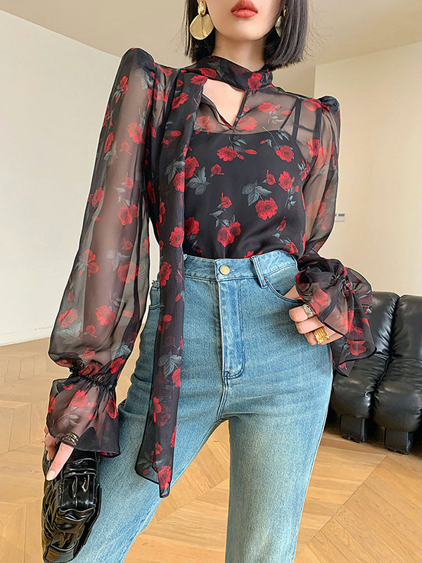flowersverse Elasticity Flower Print Mesh Tied Flared Sleeves Long Sleeves V-Neck Blouses&Shirts Tops