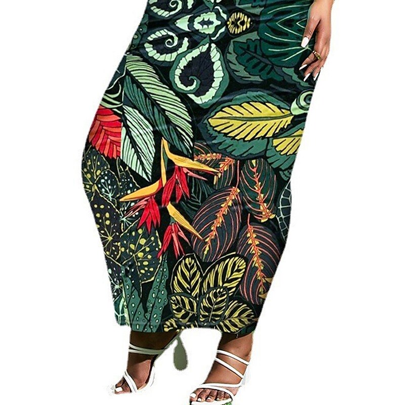 flowersverse Women's Plus Size Casual Dress Bodycon Sheath Dress Leaf Long Dress Maxi Dress Sleeveless Print U Neck Sexy Outdoor Green Spring Summer XL XXL 3XL 4XL 5XL