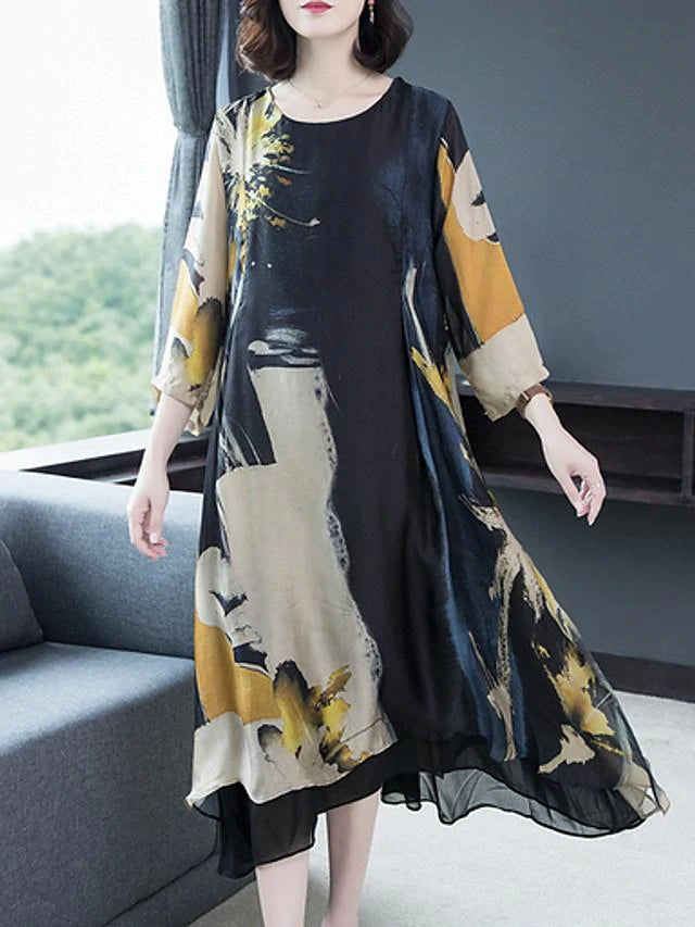 flowersverse Women's Shift Dress Maxi Long Dress - Long Sleeve Geometric Hot Slim Black