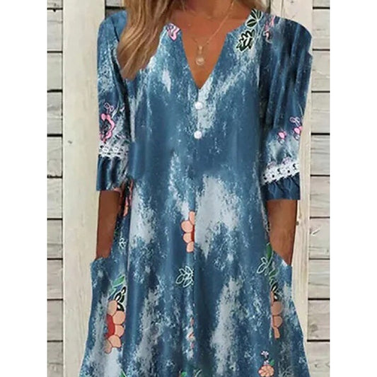 flowersverse Women's Casual Dress Summer Dress Print Dress Floral Pocket Lace Trim V Neck Midi Dress Fashion Mature Outdoor Daily Half Sleeve Loose Fit Blue Spring Summer S M L XL XXL