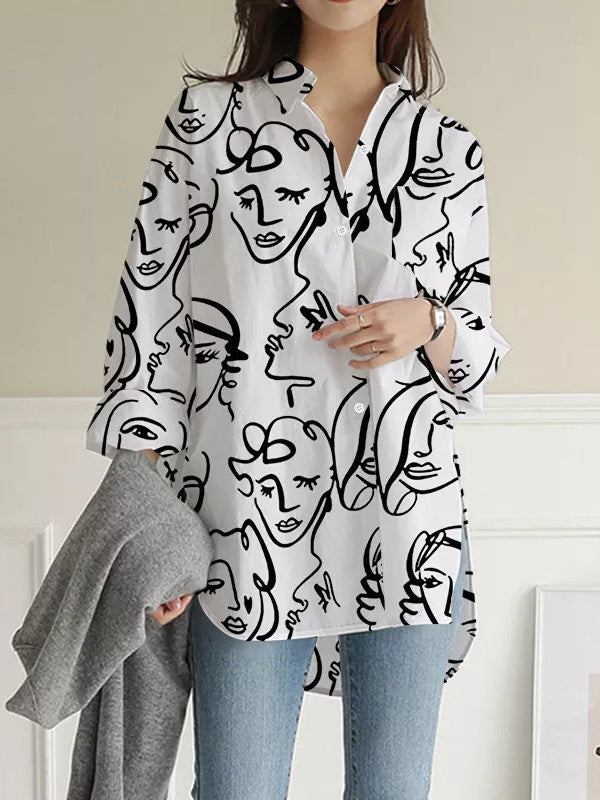 flowersverse Buttoned Figure Pockets Split-Side High-Low Long Sleeves Lapel Blouses&Shirts Tops