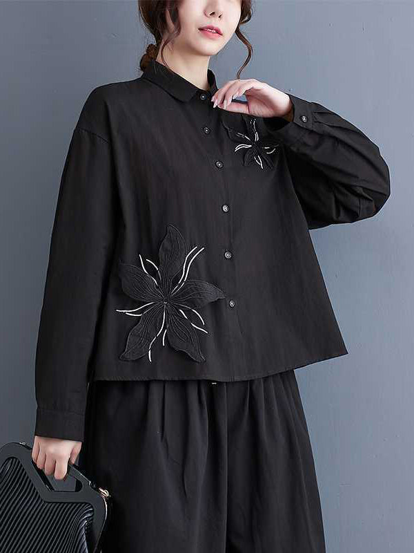 flowersverse Applique Buttoned Embroidered Long Sleeves Loose Lapel Blouses&Shirts Tops