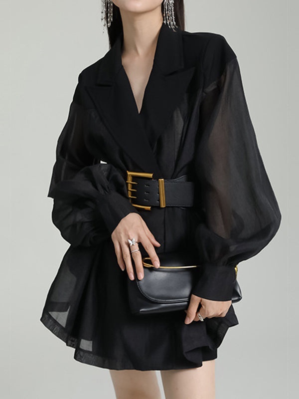 flowersverse See-Through Split-Joint Tied Waist Loose Puff Sleeves Lapel Blouses&Shirts Tops