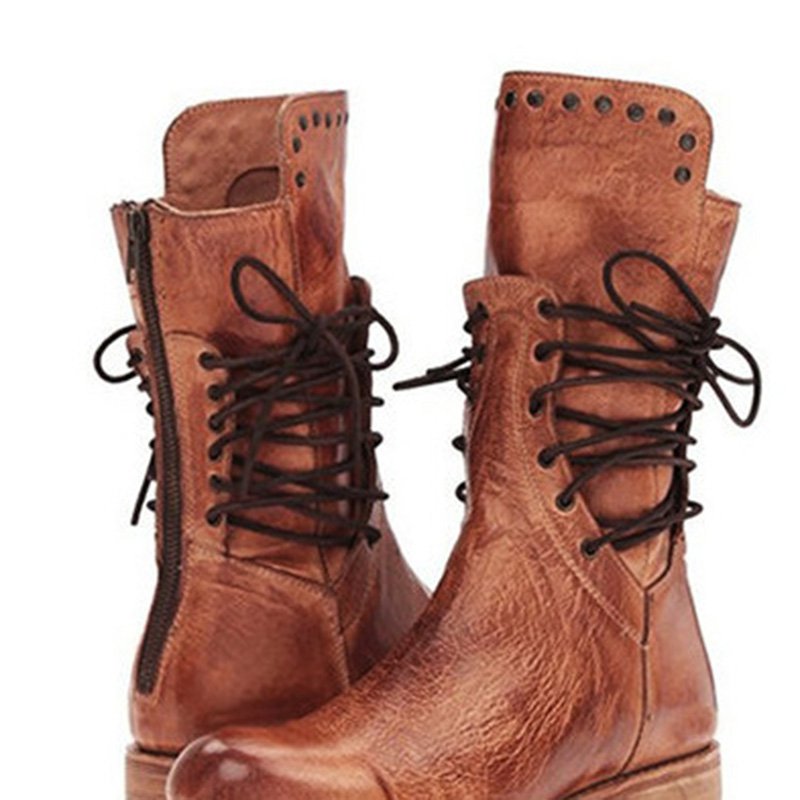 flowersverse zolucky Low Heel Holiday Lace-Up Pu Boots
