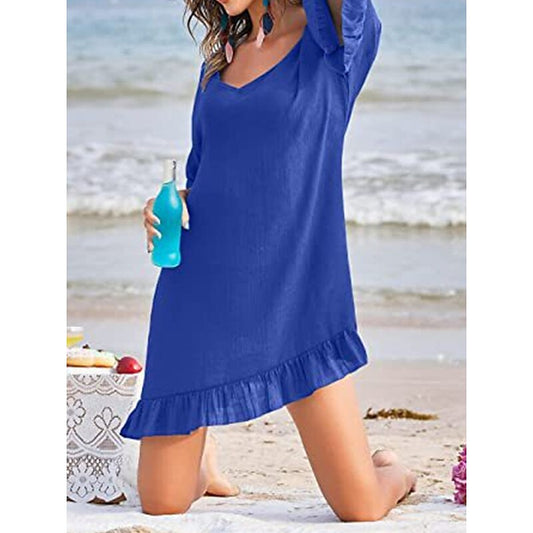 flowersverse Women's Cover Up Beach Dress Beach Wear Mini Dress Ruffle Casual Plain V Neck 3/4 Length Sleeve Loose Fit Outdoor Daily Black White Spring Summer One Size