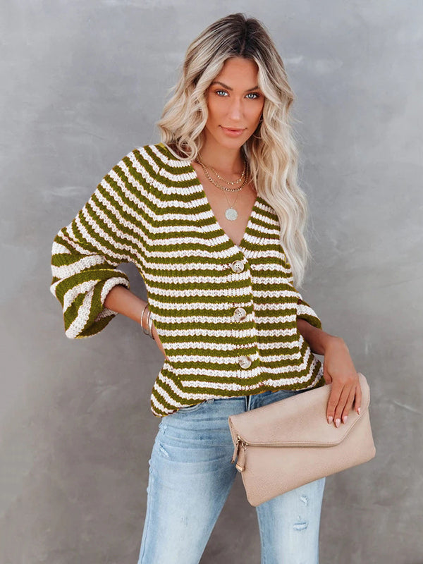 flowersverse Casual Loose Long Sleeves Striped V-Neck Cardigan Tops