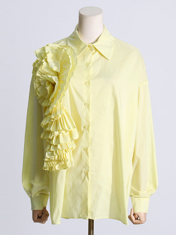 flowersverse Asymmetric Buttoned Pleated Solid Color Split-Joint Three-Dimensional Flower Long Sleeves Loose Lapel Blouses&Shirts Tops