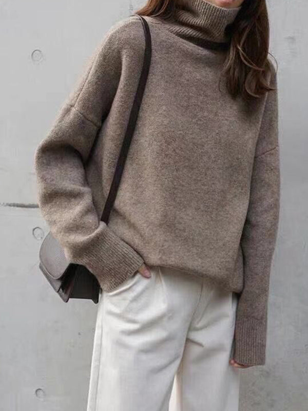 flowersverse Casual Loose Long Sleeves Solid Color High-Neck Sweater Tops