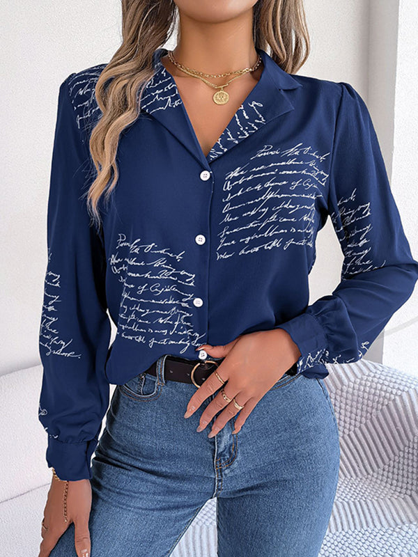 flowersverse Buttoned Letter Print Long Sleeves Loose Notched Collar Blouses&Shirts Tops