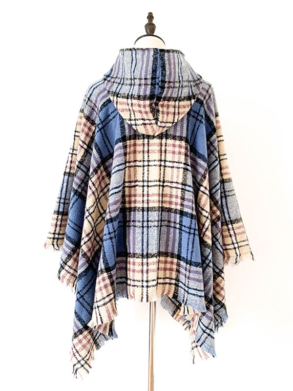 flowersverse Fringed Hooded Keep Warm Plaid Shawl&Cloak Cape