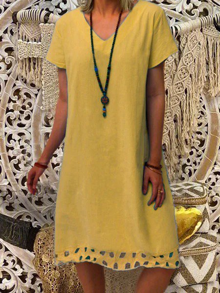 flowersverse Hollow Cotton-Blend A-Line V Neck Casual Short Sleeve Weaving Dress