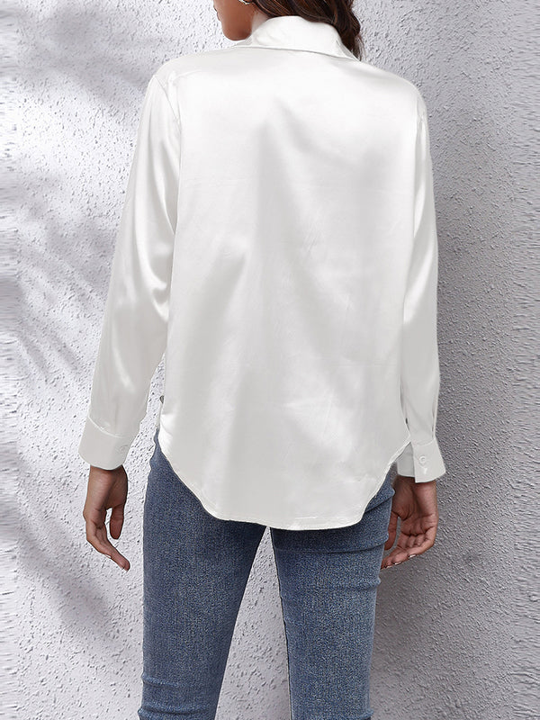 flowersverse Solid Color Long Sleeves Loose Lapel Blouses&Shirts Tops