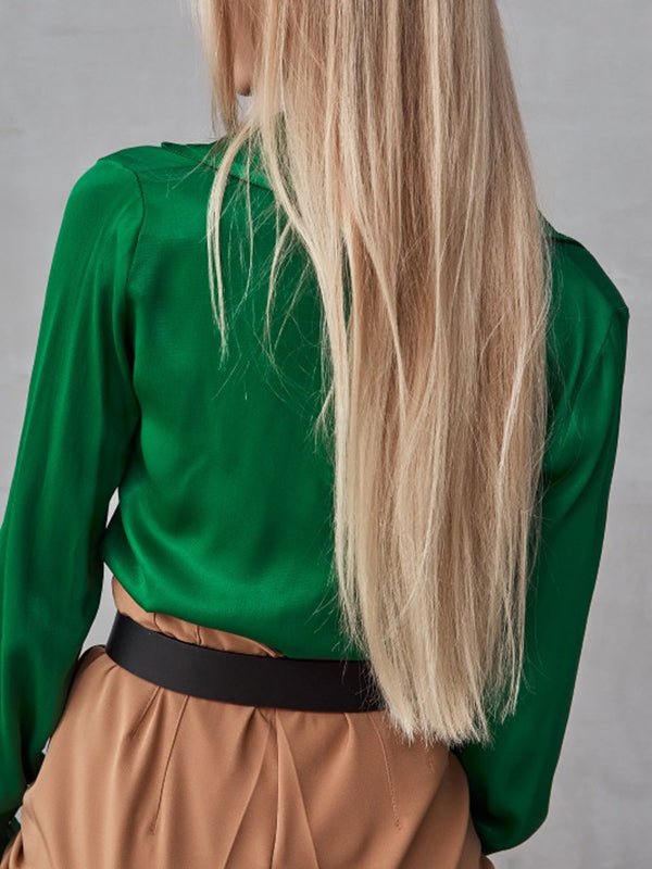 flowersverse Pleated Solid Color Long Sleeves Lapel Blouses&shirts Tops