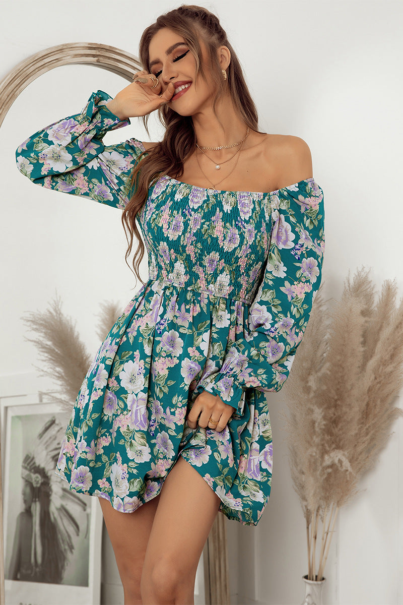 flowersverse Chic Floral Smocked Flounce Sleeve Square Neck Mini Dress